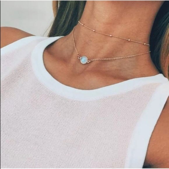 Gold Moonstone Pendant Double Chain Boho Necklace - Picture 2 of 2